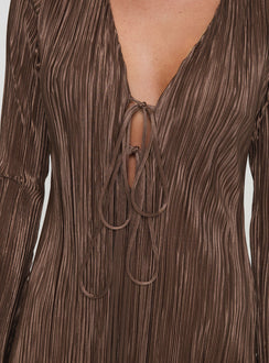 back view of model wearing Princess Polly Malop Long Sleeve Mini Dress Chocolate Petite V-Neck 