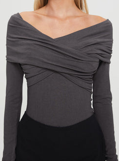 back view of model wearing Princess Polly Sundlow Off Shoulder Bodysuit Slate Long Sleeve Tops Bodysuit 