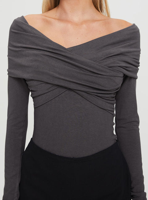 back view of model wearing Princess Polly Sundlow Off Shoulder Bodysuit Slate Long Sleeve Tops Bodysuit 