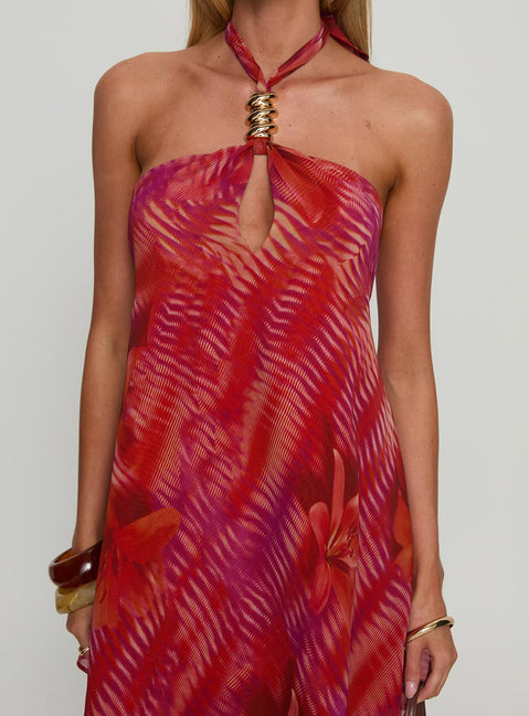 Magica Halter Keyhole Mini Dress Red Floral