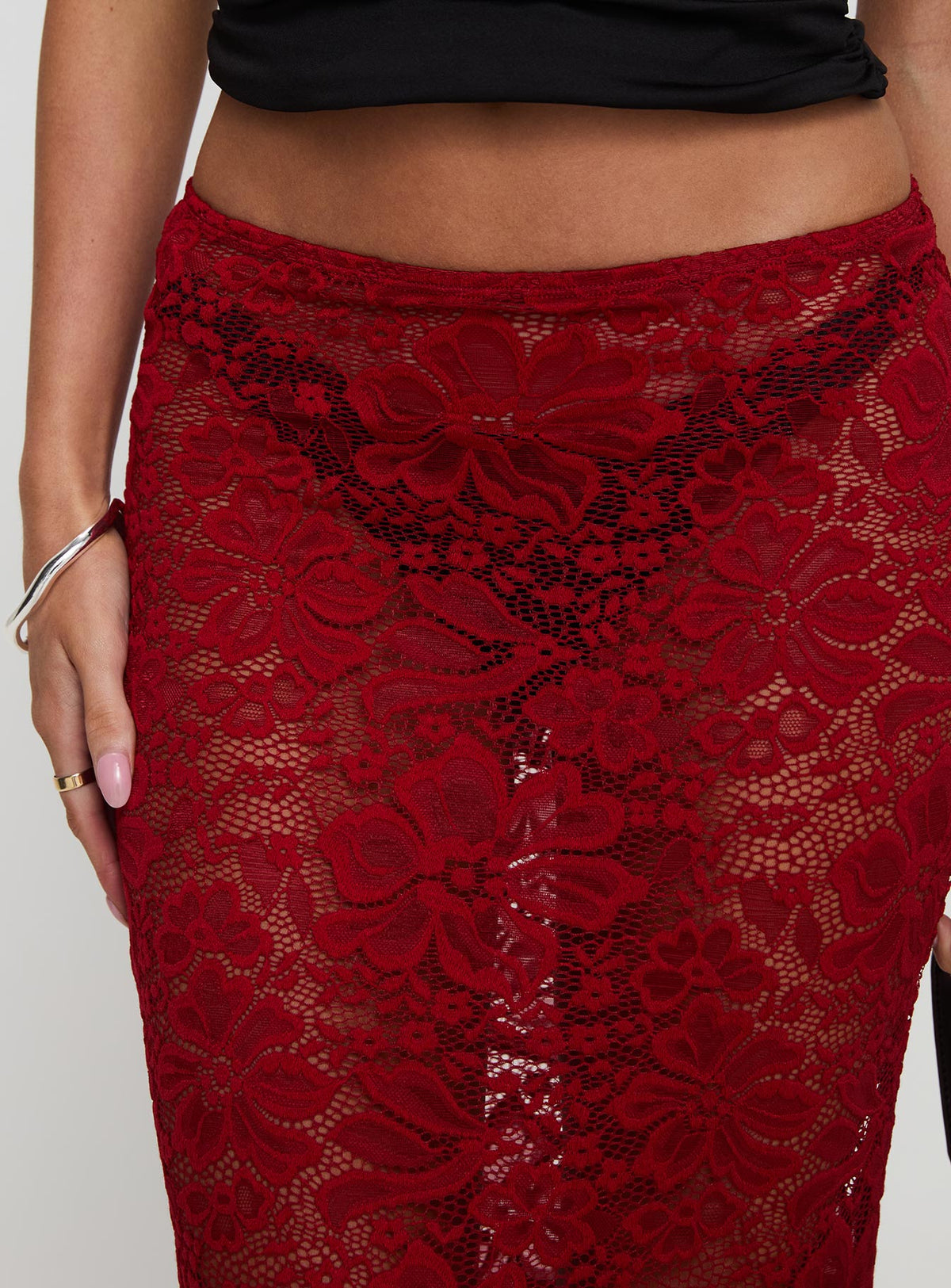 back view of model wearing Princess Polly Lombardio Lace Maxi Skirt Burgundy Maxi Skirts Skirts 
