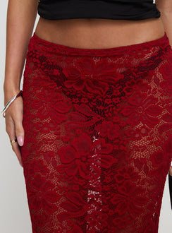 back view of model wearing Princess Polly Lombardio Lace Maxi Skirt Burgundy Maxi Skirts Skirts 