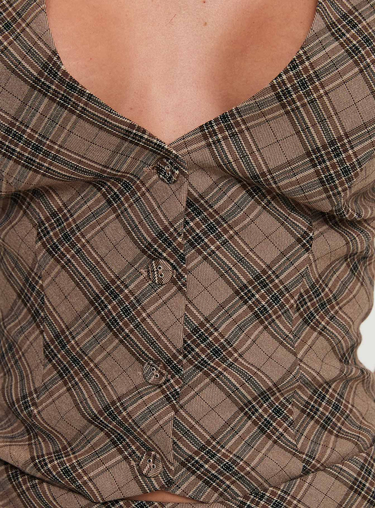back view of model wearing Princess Polly Terrace Halter Top Brown Check Sleeveless Plunger 