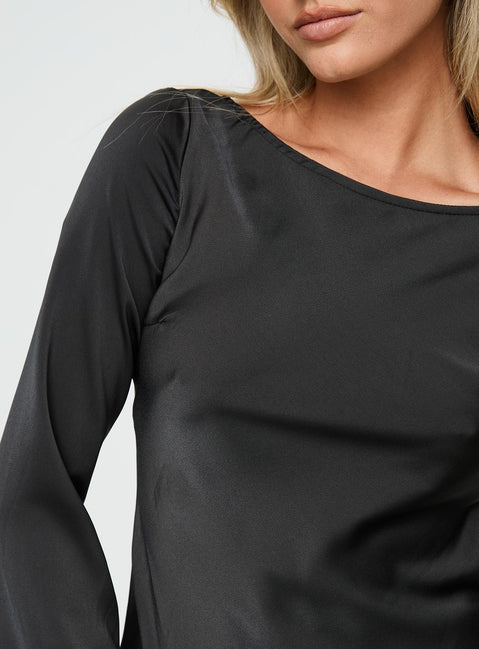 back view of model wearing Princess Polly Lukea Long Sleeve Satin Mini Dress Black 