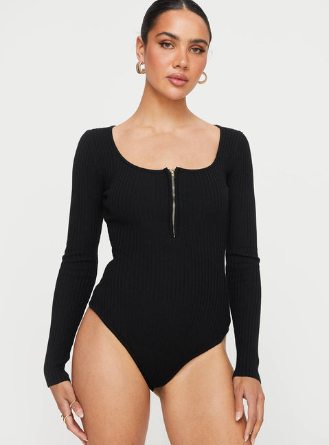 front view of model wearing Princess Polly Zuma Long Sleeve Bodysuit Black Long Sleeve Tops Bodysuit 
