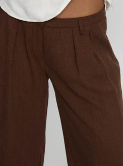 back view of model wearing Princess Polly Vianca Low Rise Linen Pant Chocolate High Rise Pants Pants 