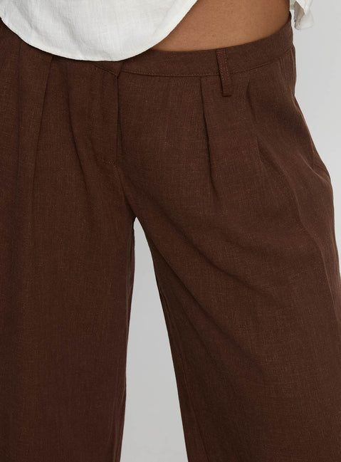 back view of model wearing Princess Polly Vianca Low Rise Linen Pant Chocolate High Rise Pants Pants 