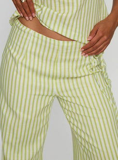 front view of model wearing Princess Polly With Pleasure Tie Side Pant Green / Blue Stripe Mid Rise Pants Pants 