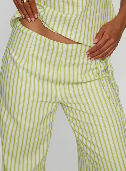 front view of model wearing Princess Polly With Pleasure Tie Side Pant Green / Blue Stripe Mid Rise Pants Pants 