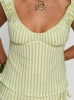 With Pleasure Puff Sleeve Linen Blouse Top Green / Blue Stripe