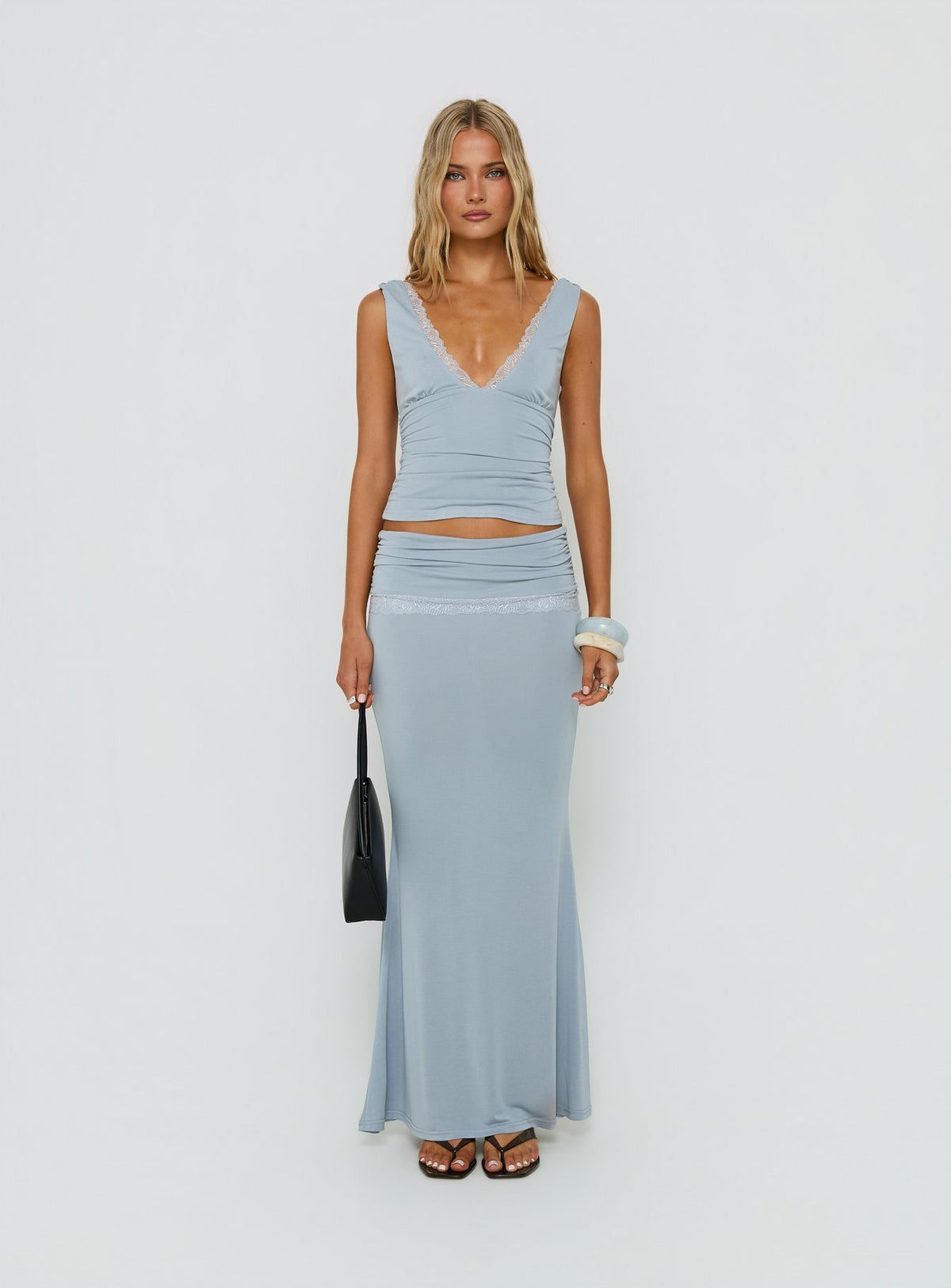 Showcasing the Zespri Jersey Maxi Skirt Slate in womens-skirts front view of model wearing Princess Polly
