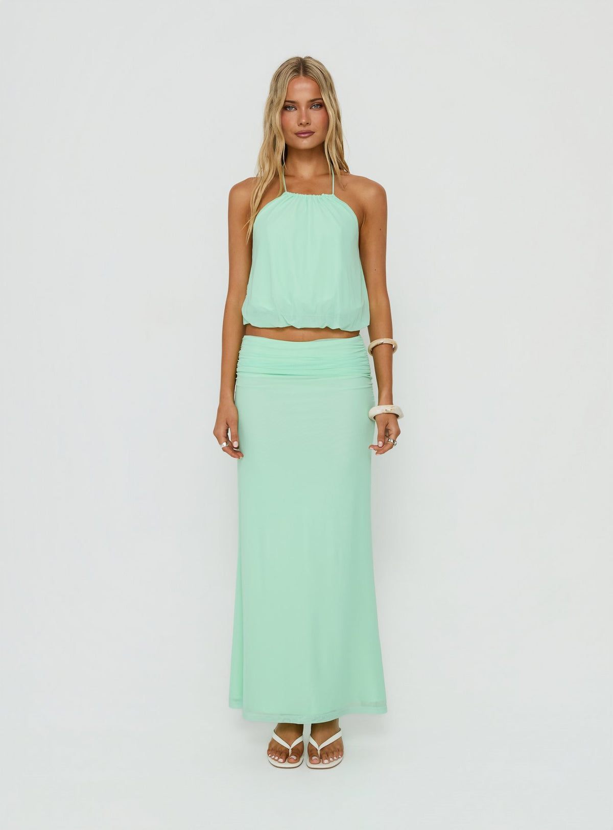 Featuring the Wild Dune Ruched Waist Maxi Skirt Green womens-skirts in maxi length product Princess Polly