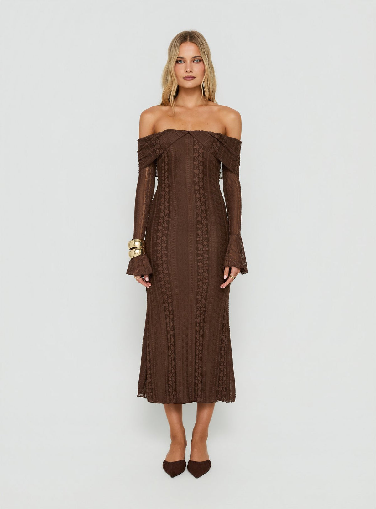 Perdita Long Sleeve Lace Maxi Dress Dark Brown