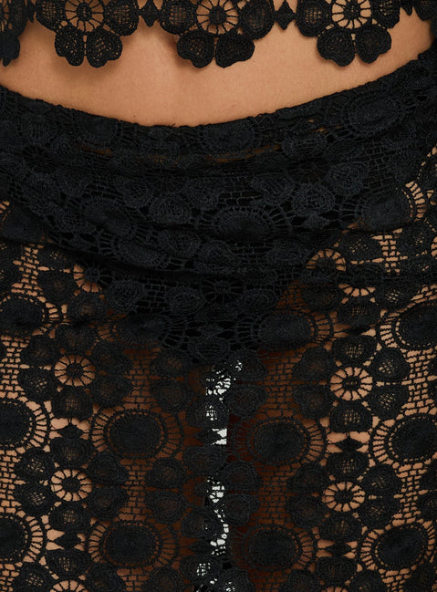 Explore the Trophy Sheer Midi Skirt Black womens-skirts with fitted lace hem and asymmetry detail Princess Polly