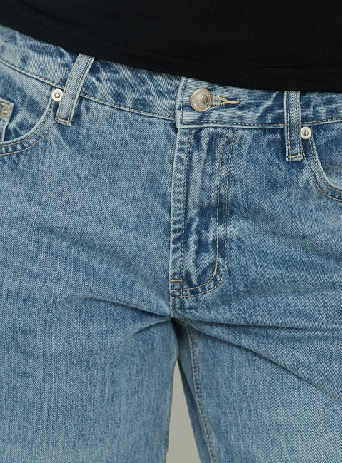 Crafted with Serenitia Mid Rise Relaxed Jeans in Bright Blue womens-jeans featuring mid-rise waist front view of model wearing