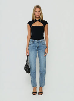 Introducing Fedela Mid Rise Straight Jeans Light Vintage Blue in womens-jeans and mid-rise waist on-body view of model wearing Princess Polly