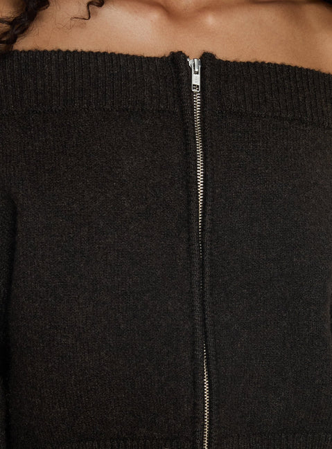 product Princess Polly Ortensa Off Shoulder Zip Through Jumper Brown Jumpers 