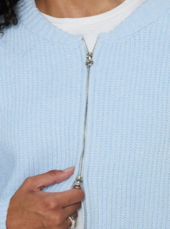 back view of model wearing Princess Polly Lexene Zip Through Jumper Baby Blue Longline Jumpers Jumpers 