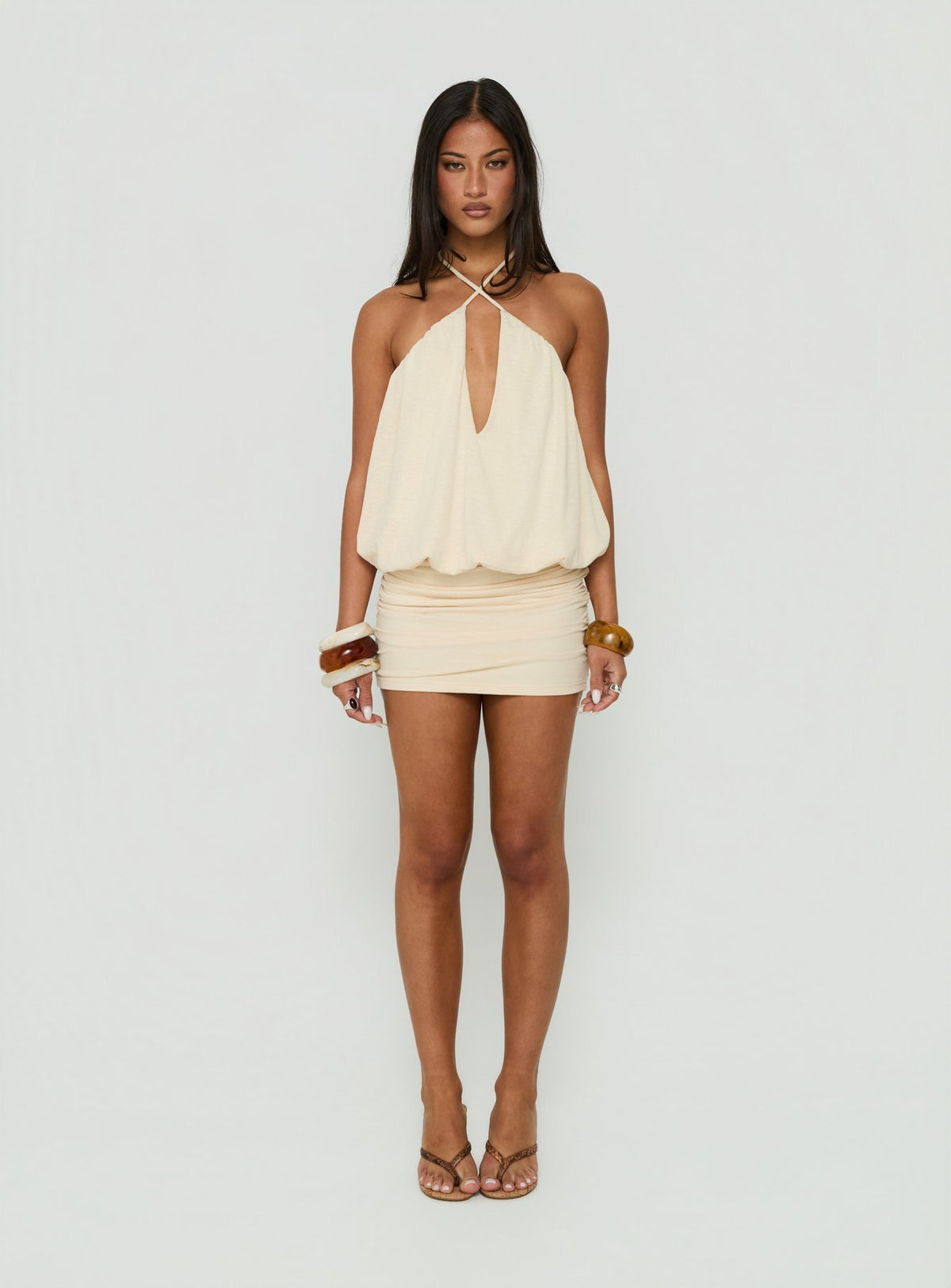 Evelia Keyhole Halter Mini Dress Butter Yellow