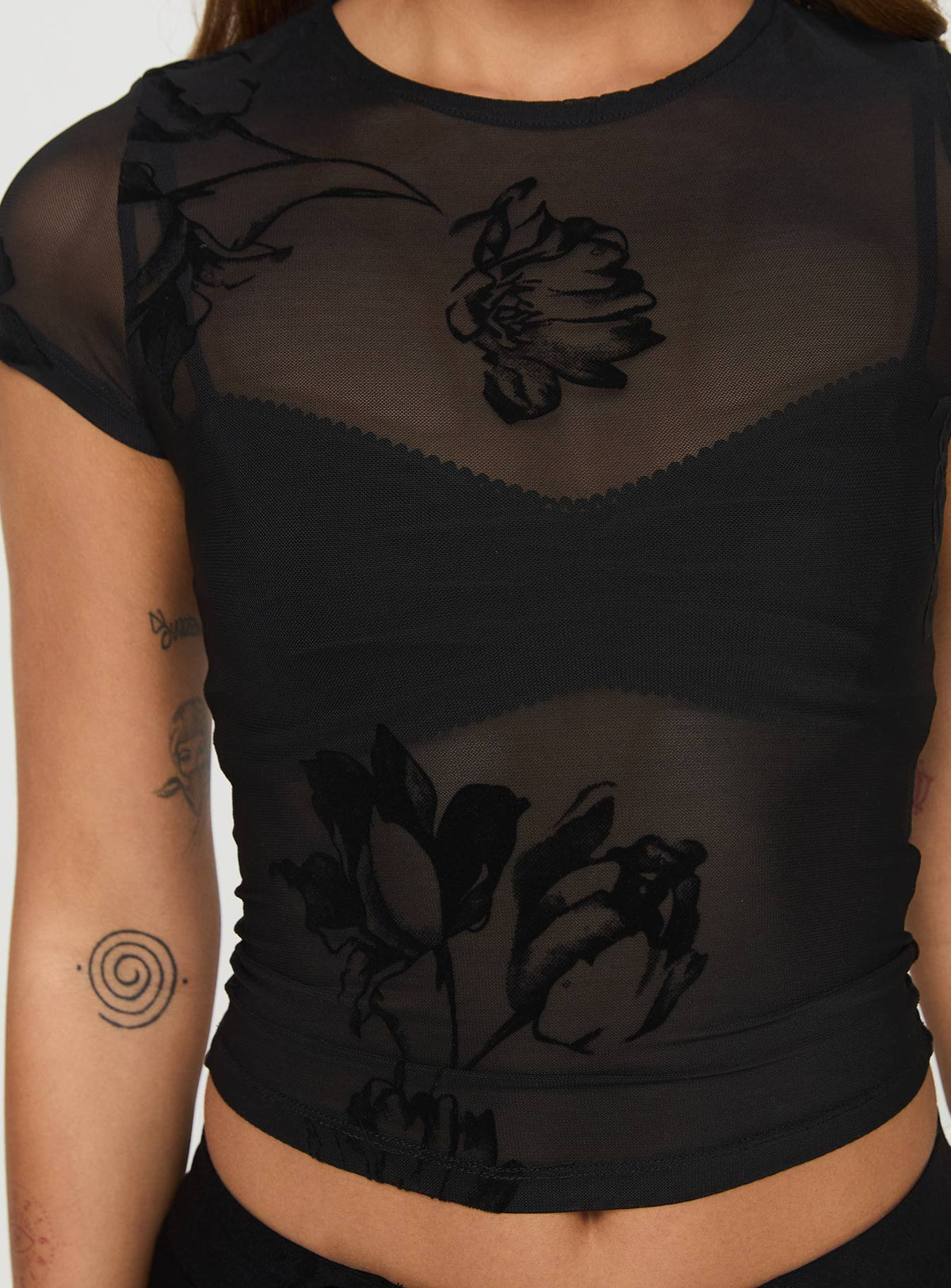 back view of model wearing Princess Polly Eowyn Top Black Short Sleeves Crew Neck 