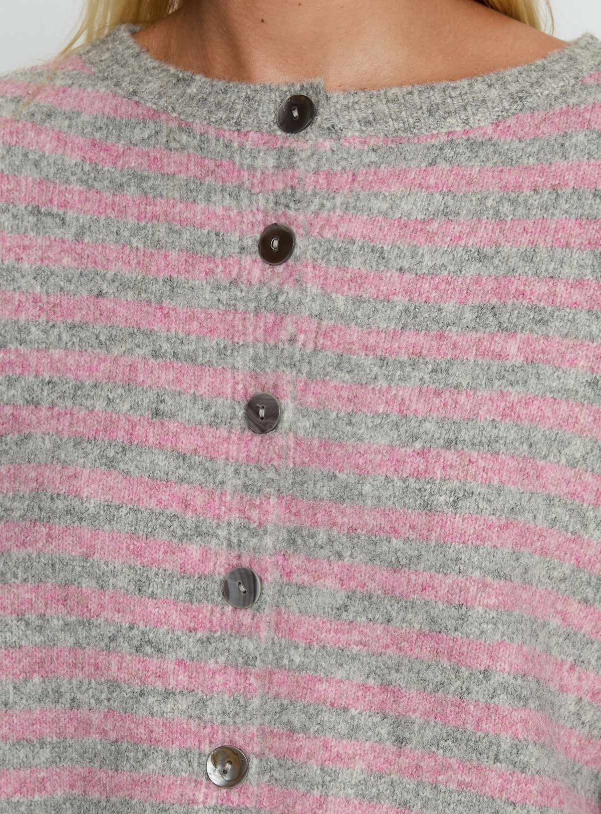 Close-up of the Raynna Button Up Cardigan Pink / Grey Stripe womens-jumpers with short length Princess Polly