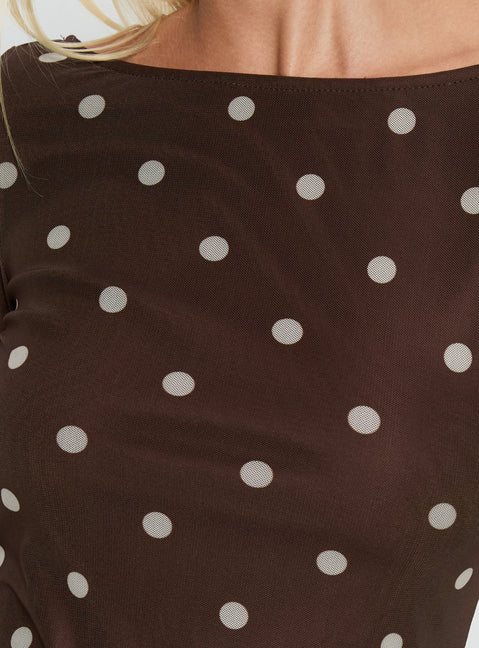 Lukea Long Sleeve Mini Dress Brown Polka Dot