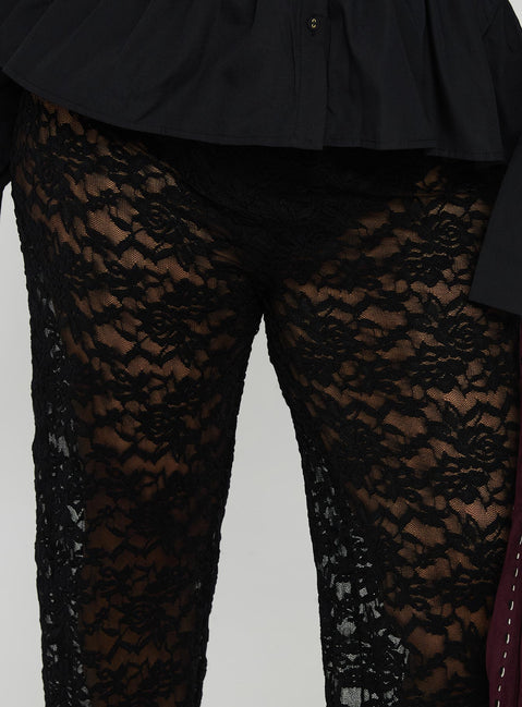back view of model wearing Princess Polly Peru Lace Pants Black Curve High Rise Pants Pants 