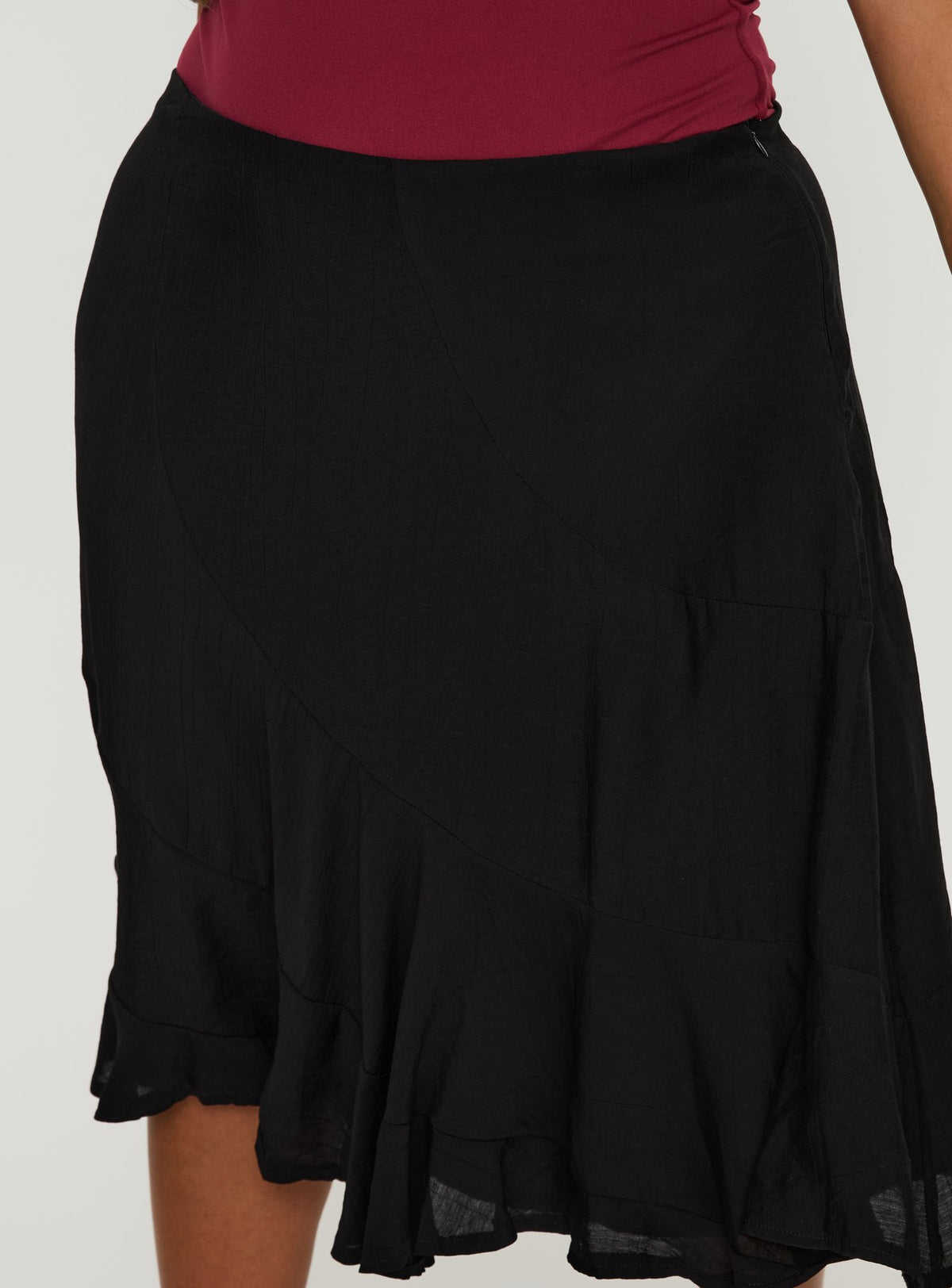 back view of model wearing Princess Polly With Kindness Midi Skirt Black Curve Midi Skirts Skirts 