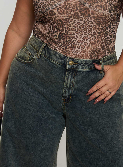back view of model wearing Princess Polly Ziggie Low Rise Baggy Jeans Antique Wash Curve High Rise Jeans Jeans 