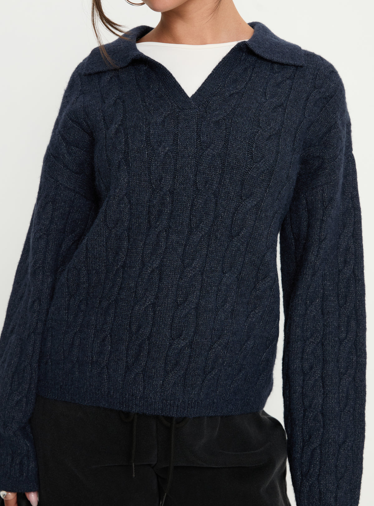 side view of model wearing Princess Polly Brodey Collared Cable Knit Sweater Navy Jumpers 