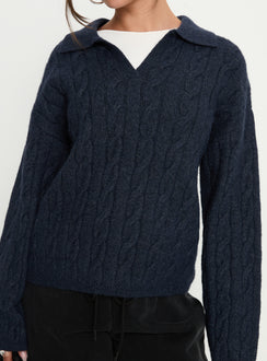 side view of model wearing Princess Polly Brodey Collared Cable Knit Sweater Navy Jumpers 