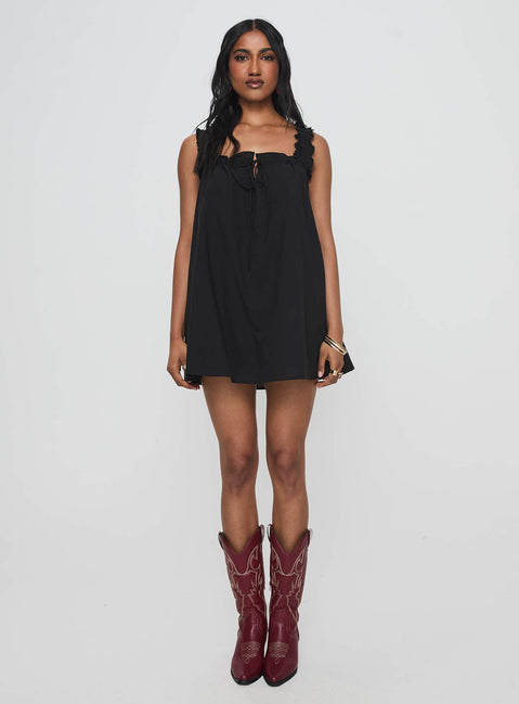 front view of model wearing Princess Polly Swing Mini Dress Black Square Neck 