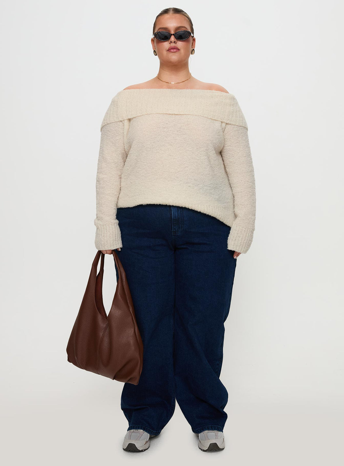 front view of model wearing Princess Polly Parkley Boucle Off The Shoulder Cream Curve Jumpers 