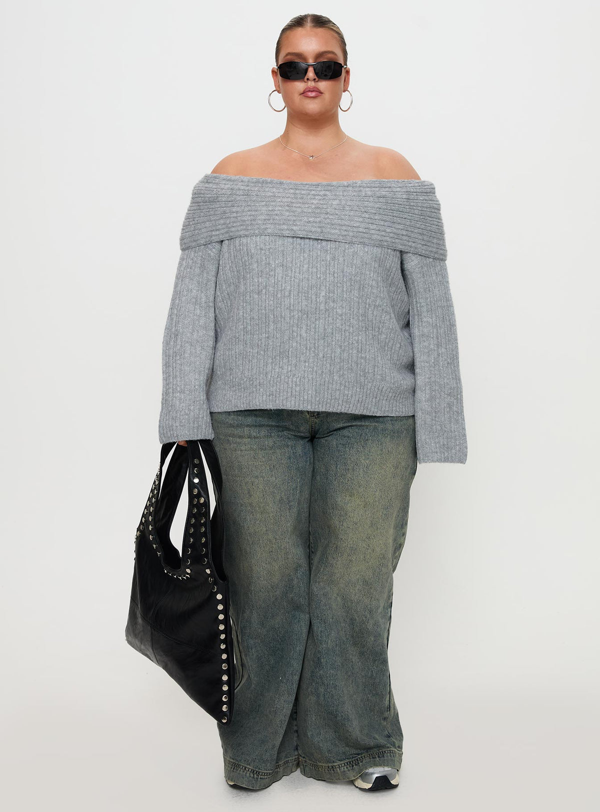 side view of model wearing Princess Polly Snowie Off Shoulder Knit Sweater Grey Curve Jumpers 