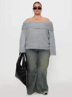 side view of model wearing Princess Polly Snowie Off Shoulder Knit Sweater Grey Curve Jumpers 