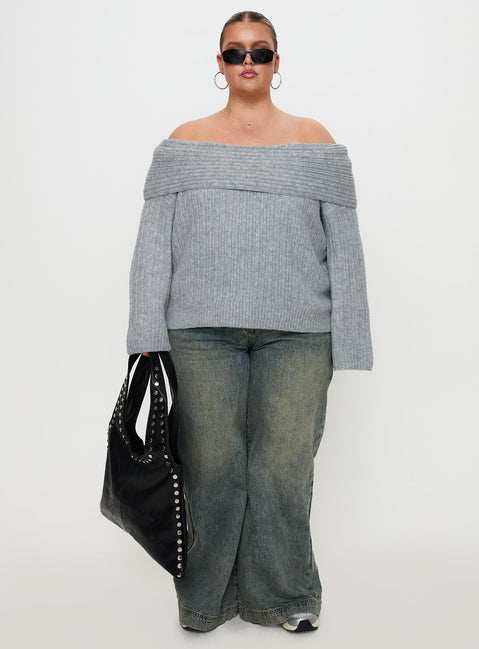 side view of model wearing Princess Polly Snowie Off Shoulder Knit Sweater Grey Curve Jumpers 