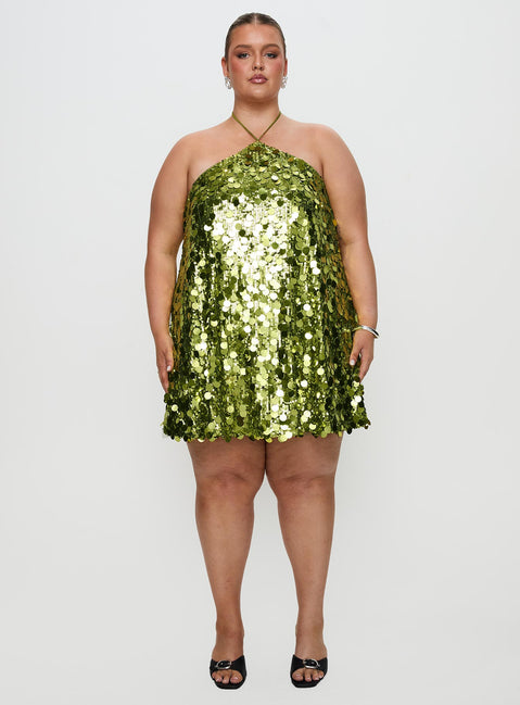 front view of model wearing Princess Polly Fluorescents Halter Mini Dress Green Curve Asymmetric Neckline 