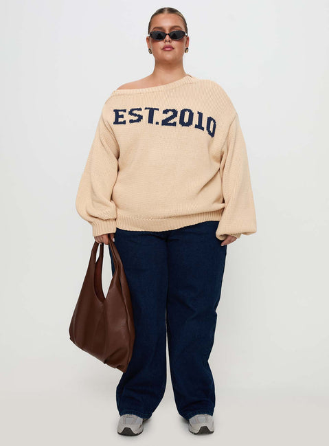 side view of model wearing Princess Polly Jadynn Off Shoulder Knit Sweater Cream Curve Jumpers 
