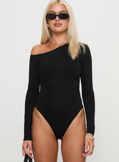 front view of model wearing Princess Polly Miyako Long Sleeve Bodysuit Black Long Sleeve Tops Bodysuit 