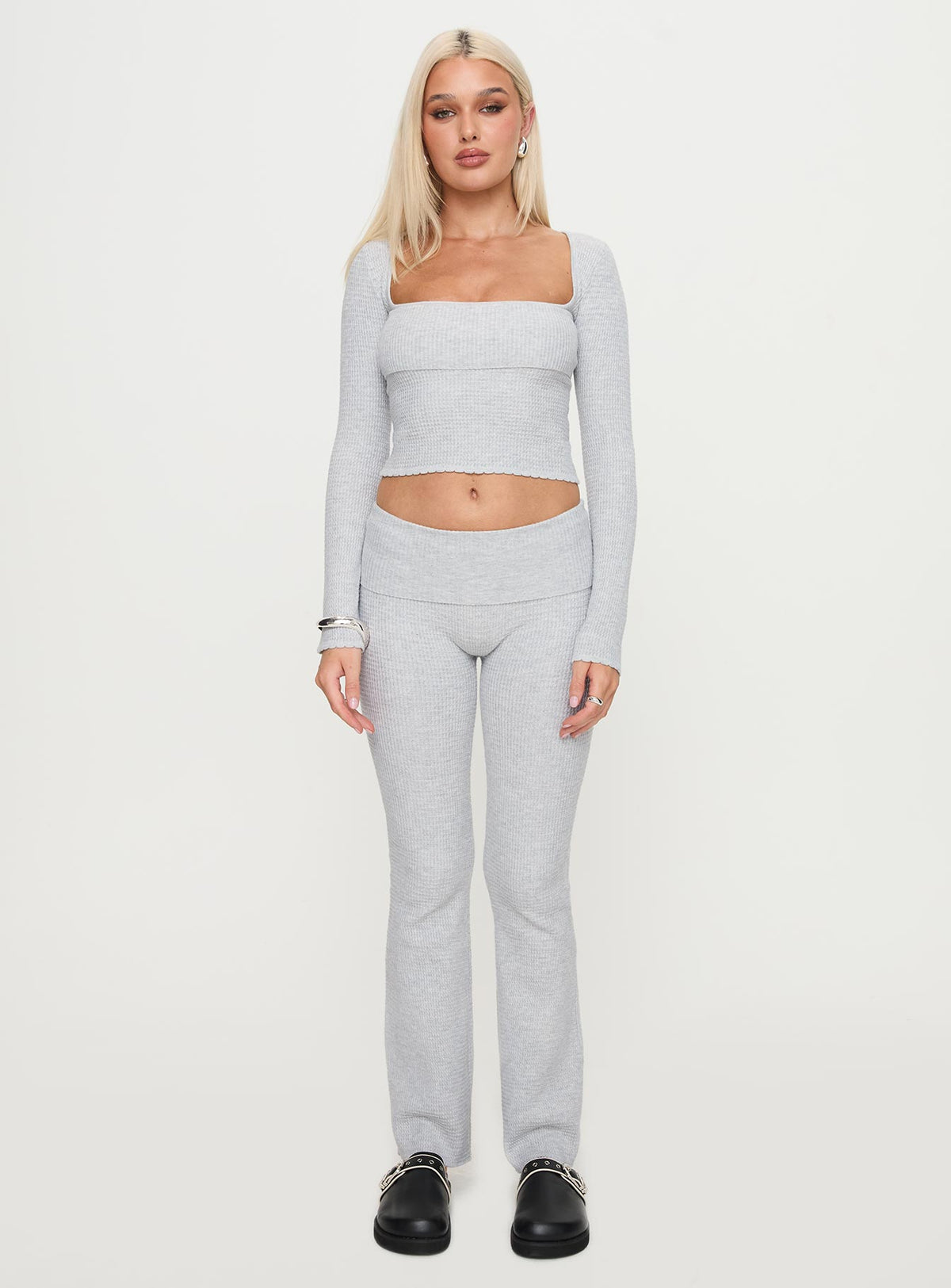 front view of model wearing Princess Polly Closed Eyes Flared Pant Grey Low Rise Pants Pants 