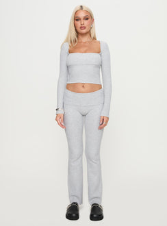 front view of model wearing Princess Polly Closed Eyes Flared Pant Grey Low Rise Pants Pants 