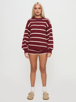 front view of model wearing Princess Polly Read Your Mind Knit Short Maroon Stripe Low Rise Shorts 