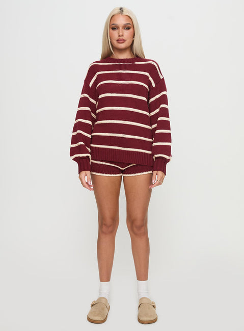 front view of model wearing Princess Polly Read Your Mind Knit Short Maroon Stripe Low Rise Shorts 
