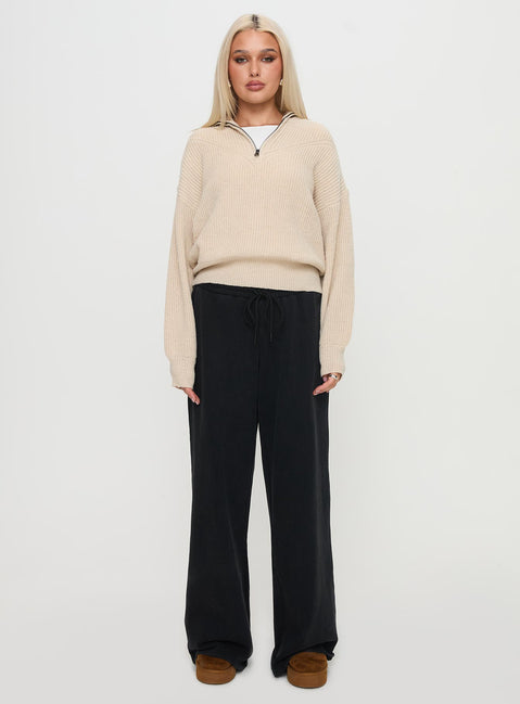 front view of model wearing Princess Polly Fireheart Zip Through Knit Sweater Beige Cropped Jumpers Jumpers 