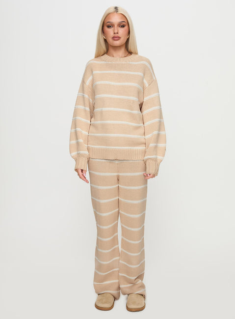 front view of model wearing Princess Polly Read Your Mind Knit Sweater Cream Stripe Jumpers 