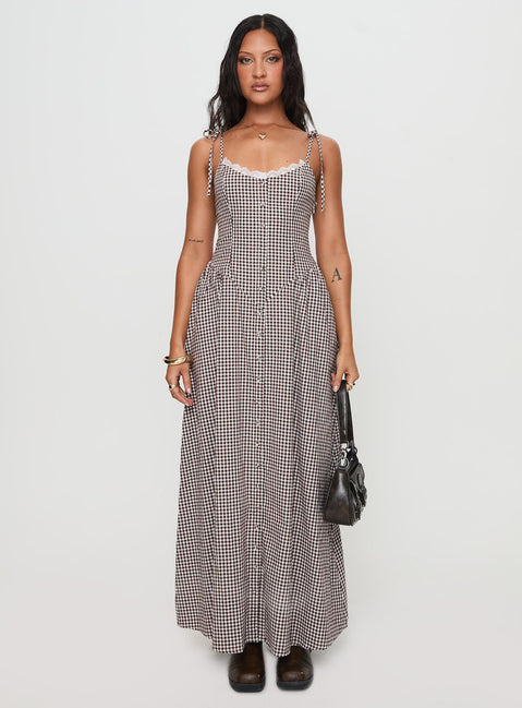 side view of model wearing Princess Polly Dalanie Tie Strap Maxi Dress Brown Gingham Scoop Neck 