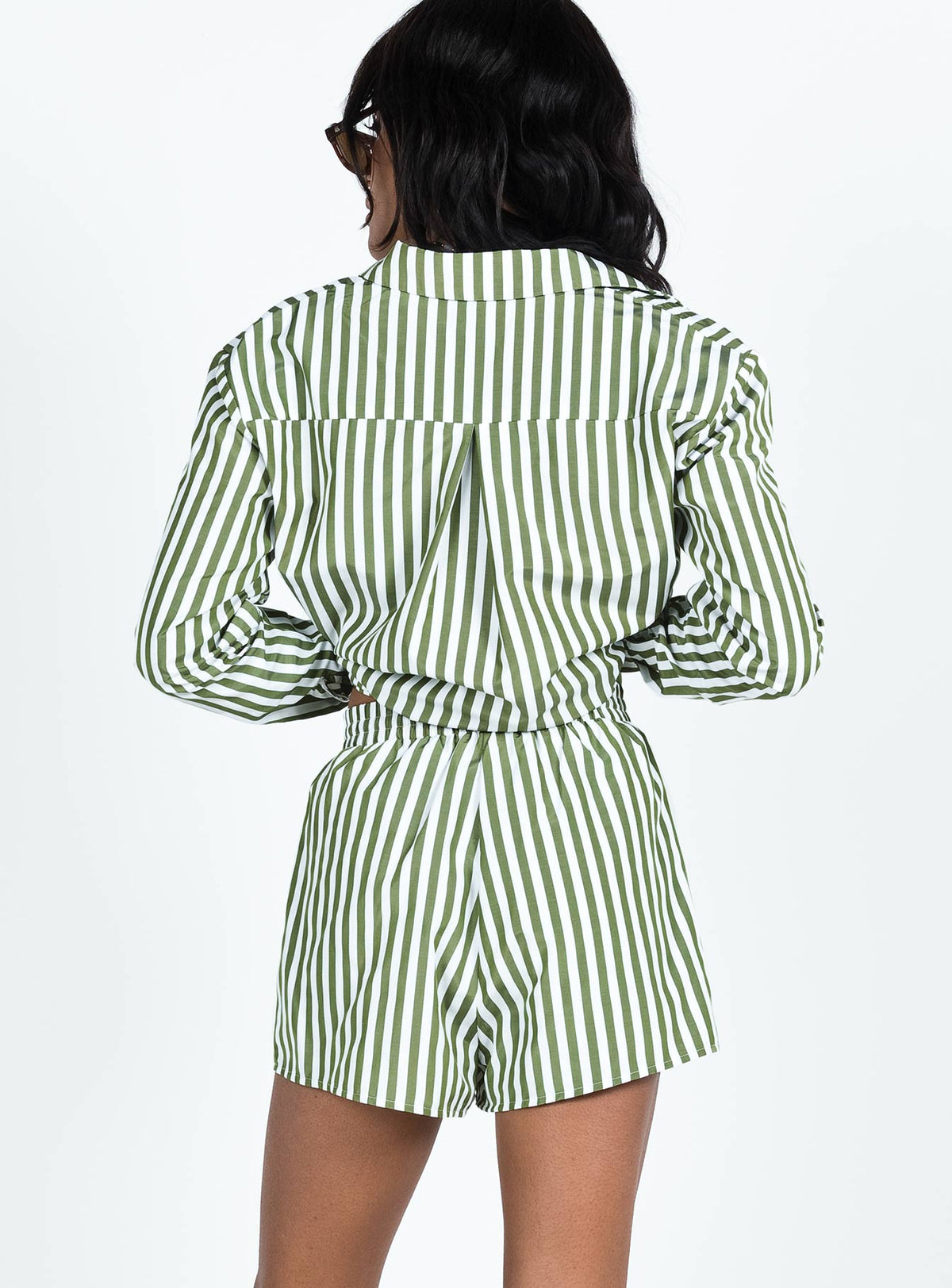 Matching set Striped print Classic collar Button front fastening Single-button cuff High waisted shorts  Drawstring waistband
