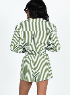 Matching set Striped print Classic collar Button front fastening Single-button cuff High waisted shorts  Drawstring waistband