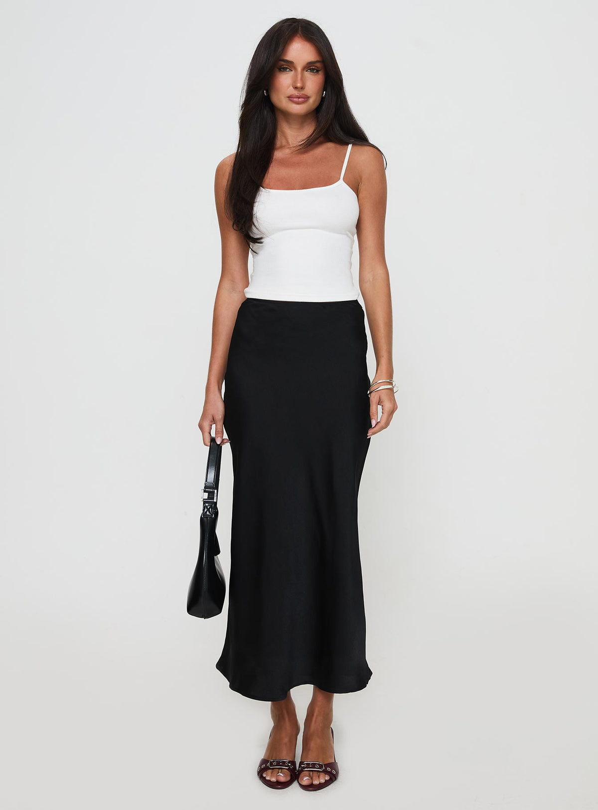 back view of model wearing Princess Polly Haley Maxi Skirt Black Maxi Skirts Skirts 