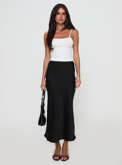 back view of model wearing Princess Polly Haley Maxi Skirt Black Maxi Skirts Skirts 
